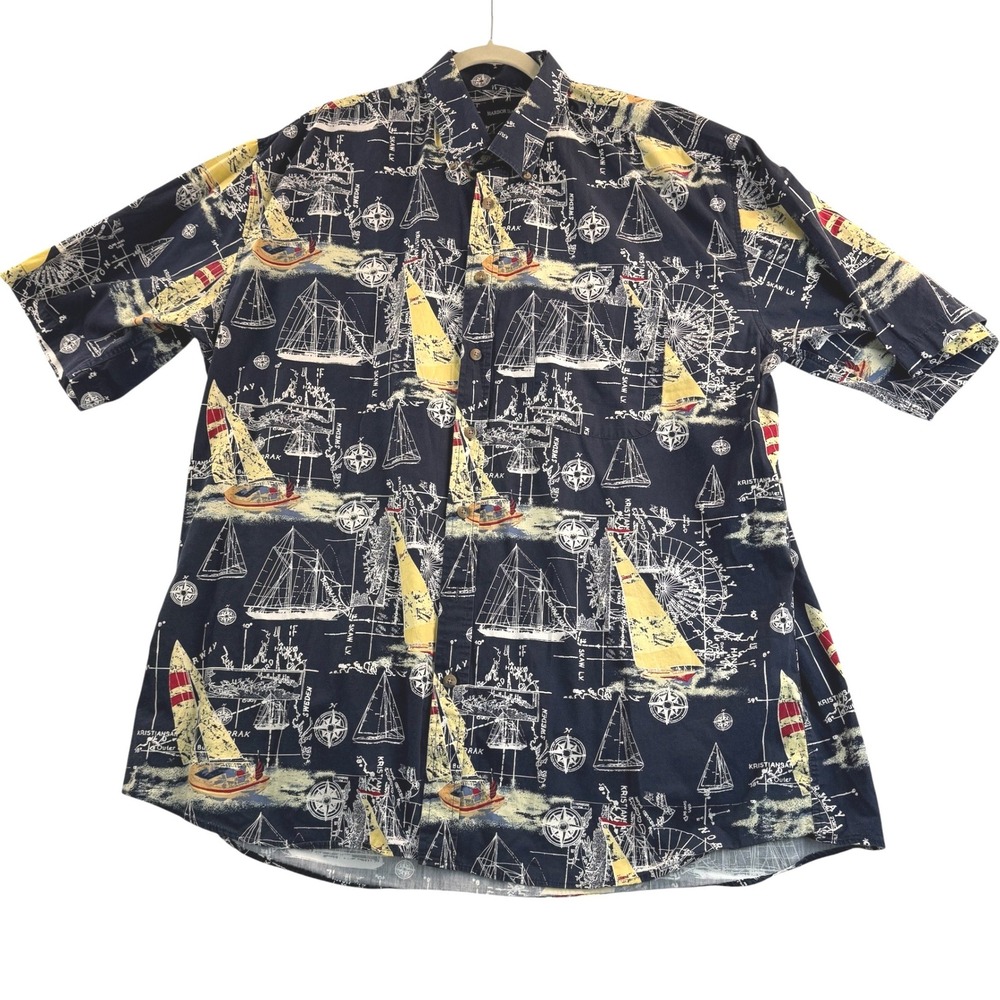 Harbor Bay Button Down Shirt 2XLT Navy Blue Nautical Sailboat Map Print Cotton